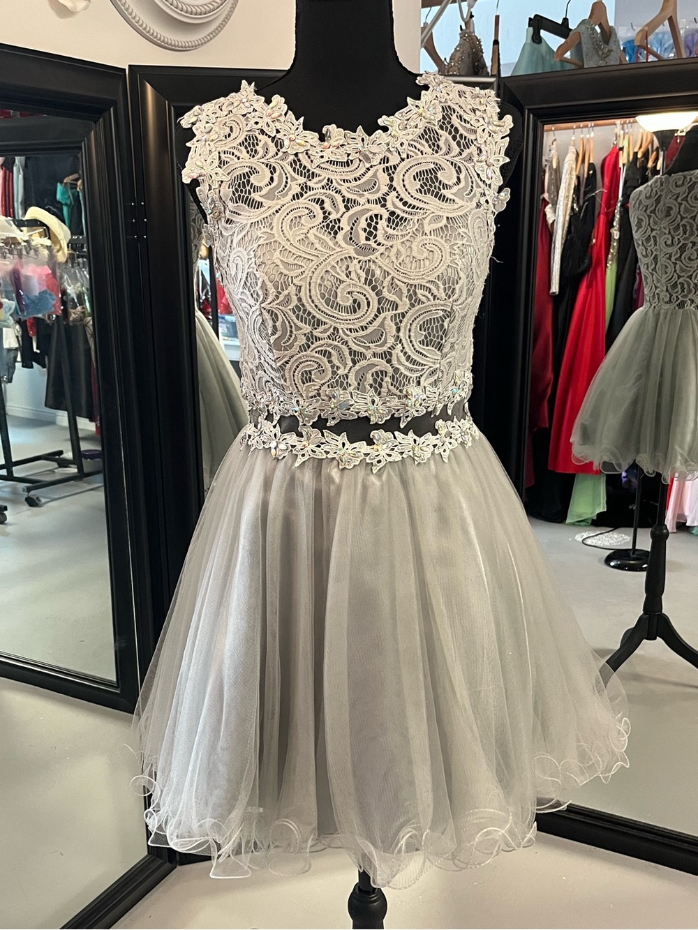 Elizabeth Hurley Silver Lace Two-Piece Prom Dress